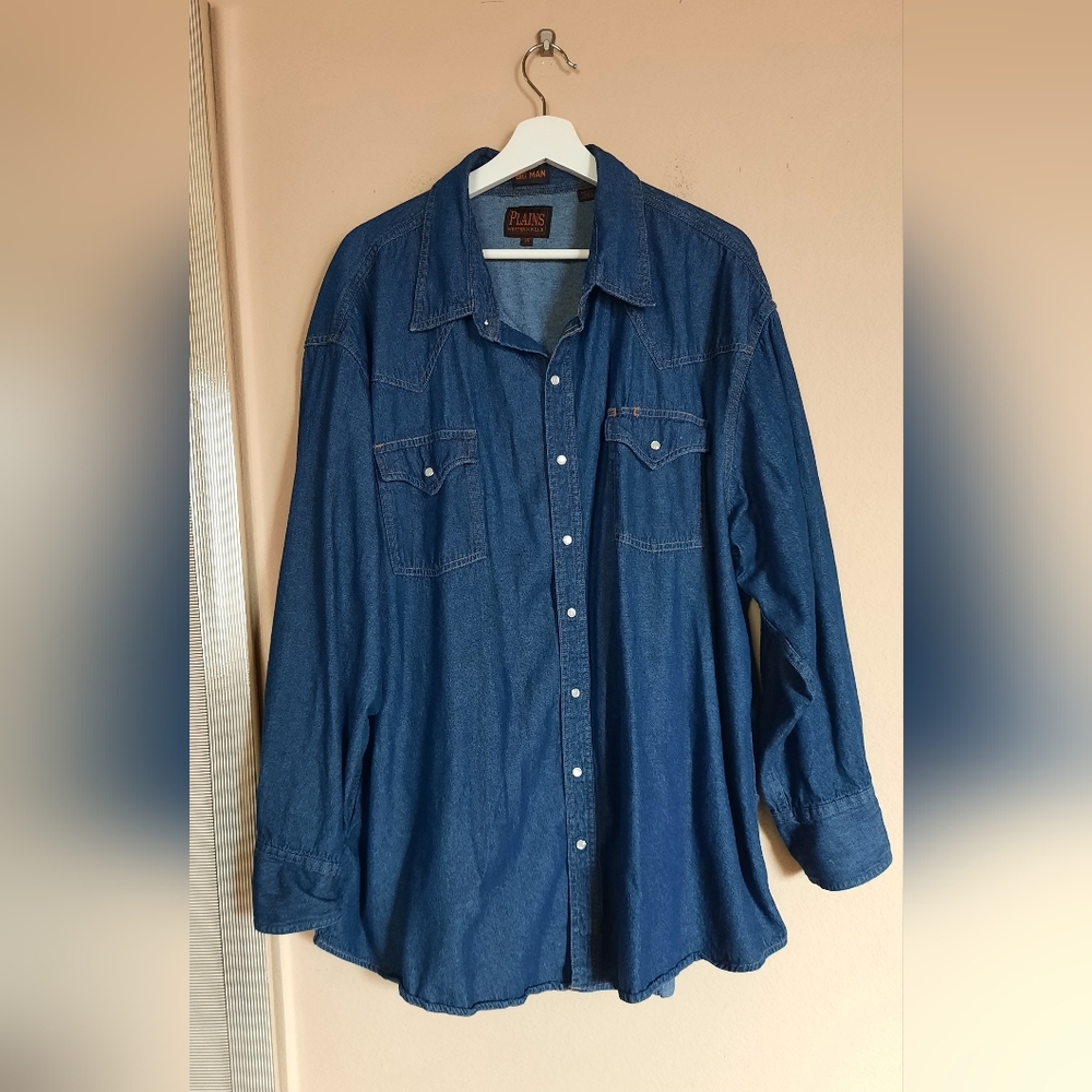 Plains Westernwear Denim Chambray Snap Button-Up Shirt Workwear Cowboy Ranch